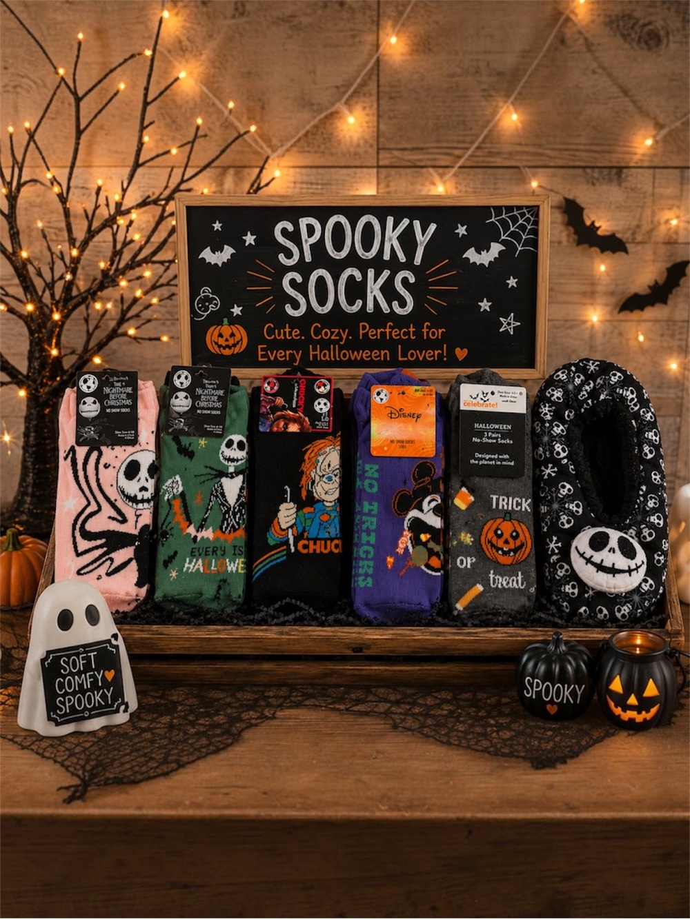 ๐ HalloweenCharacter Socks & Slippers Bundle Disney, Chucky& Jack Skellington ๐ป - Picture 1 of 6